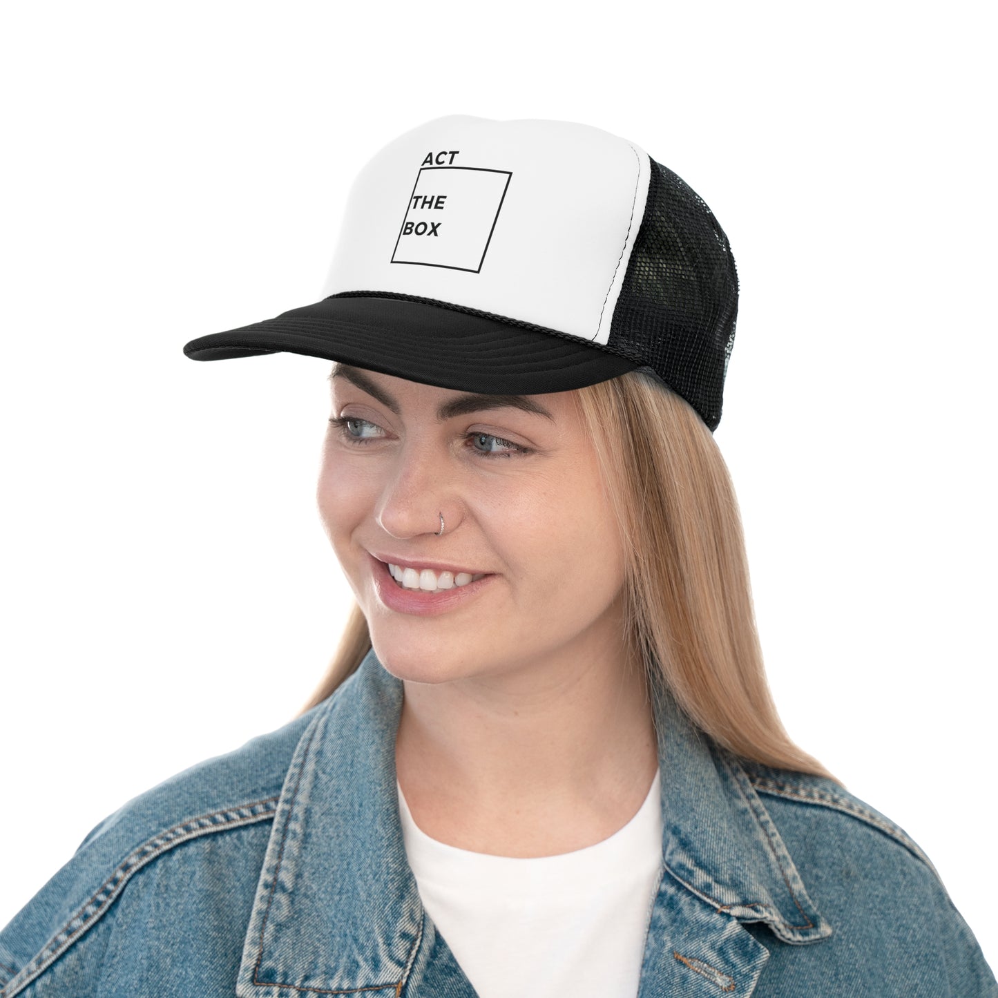 Act Outside the Box Trucker Cap - Gift for Activist - Social Justice Advocate - Unisex - Polyester - Adjustable - Black and White