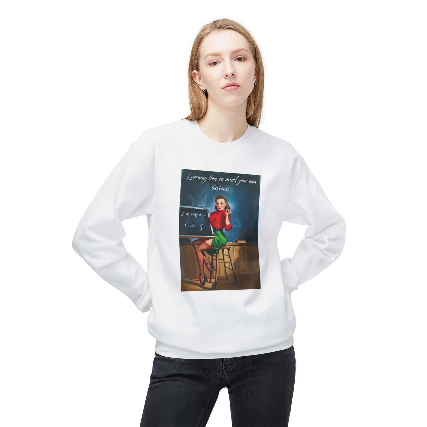 Unisex Midweight Softstyle Fleece Crewneck Vintage Sweatshirt "Learning How to Mind Your Own Business"
