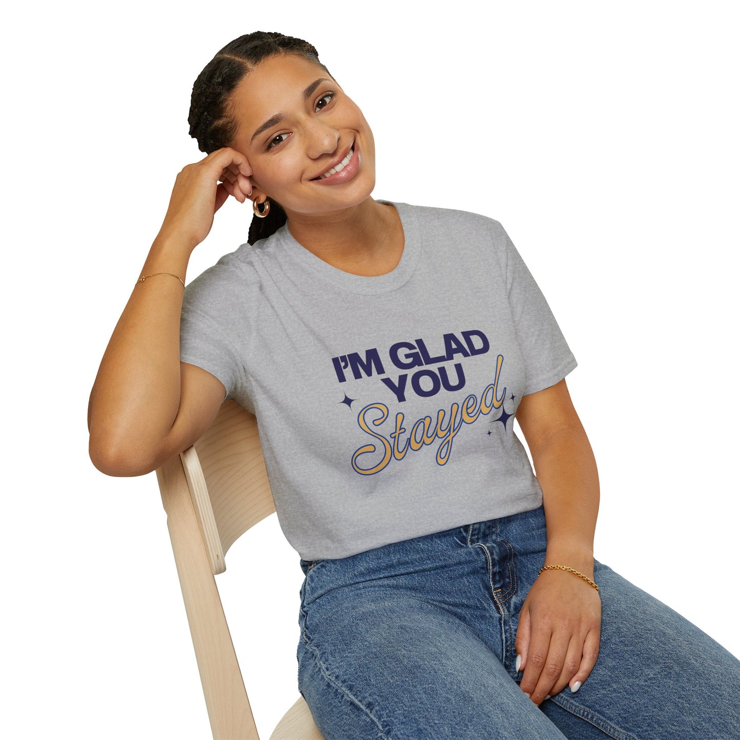 I'm Glad You Stayed Unisex Softstyle T-Shirt Blue Design