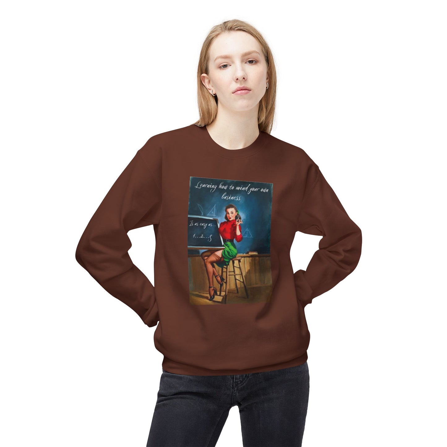 Unisex Midweight Softstyle Fleece Crewneck Vintage Sweatshirt "Learning How to Mind Your Own Business"