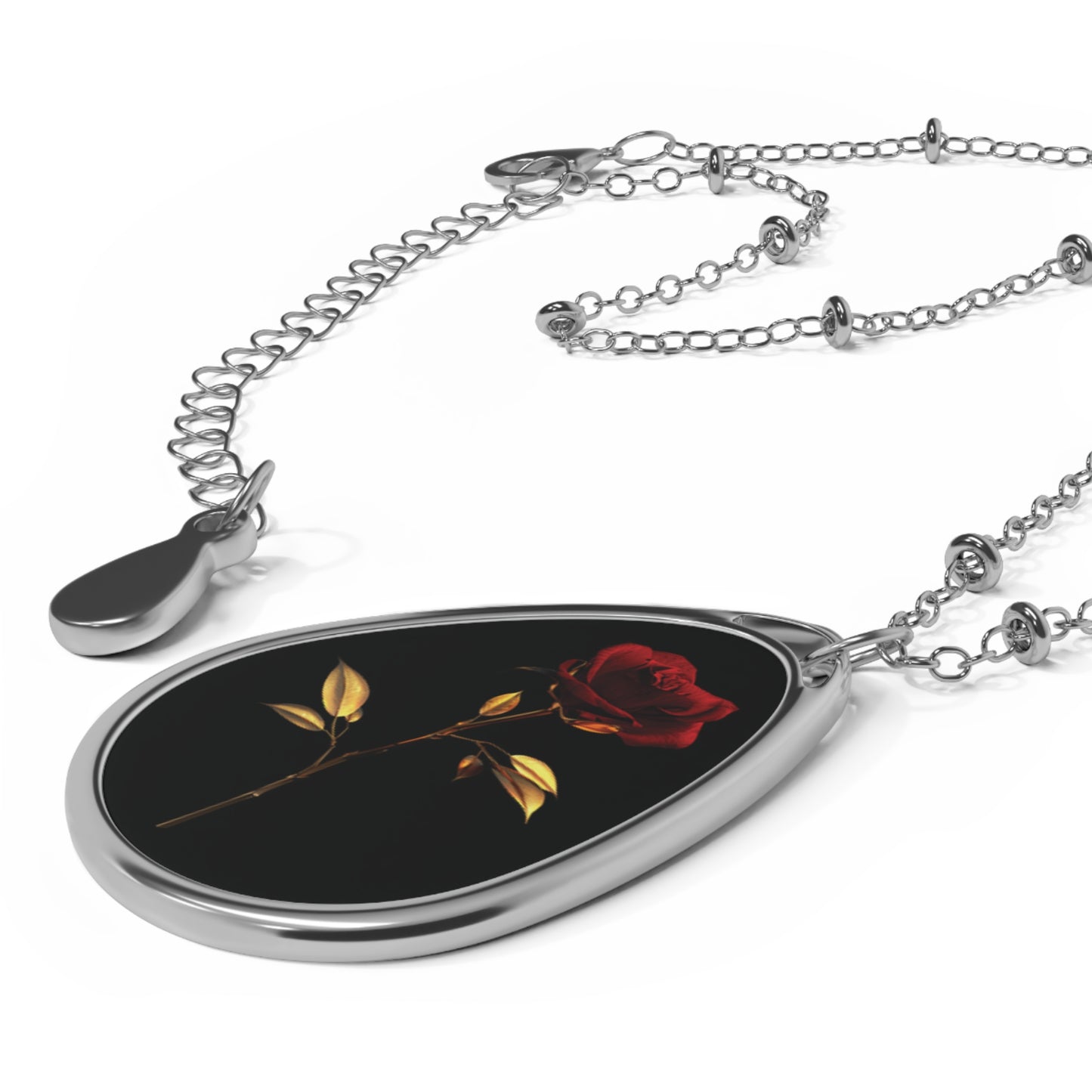 Ellipse Pendant with Chain Single Red Rose Design