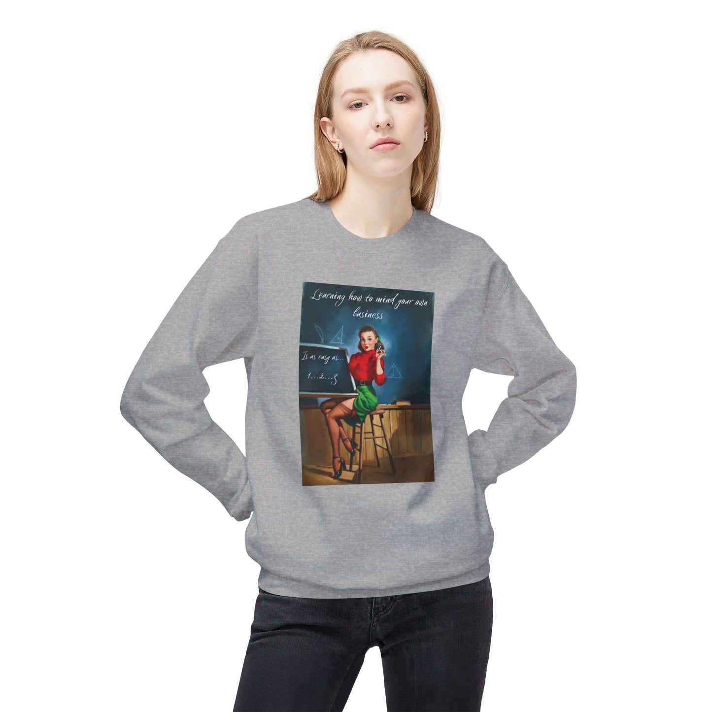 Unisex Midweight Softstyle Fleece Crewneck Vintage Sweatshirt "Learning How to Mind Your Own Business"