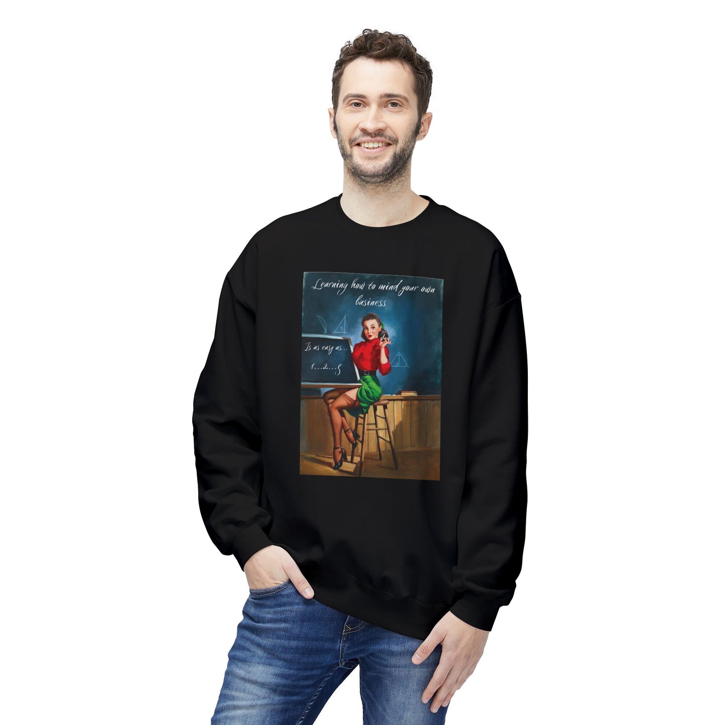 Unisex Midweight Softstyle Fleece Crewneck Vintage Sweatshirt "Learning How to Mind Your Own Business"