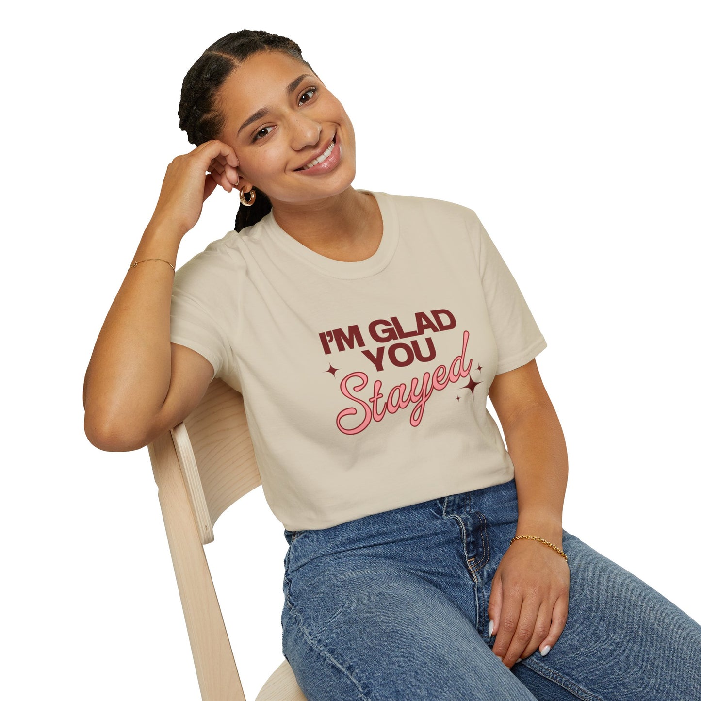 I'm Glad You Stayed Unisex Softstyle T-Shirt Pink Design