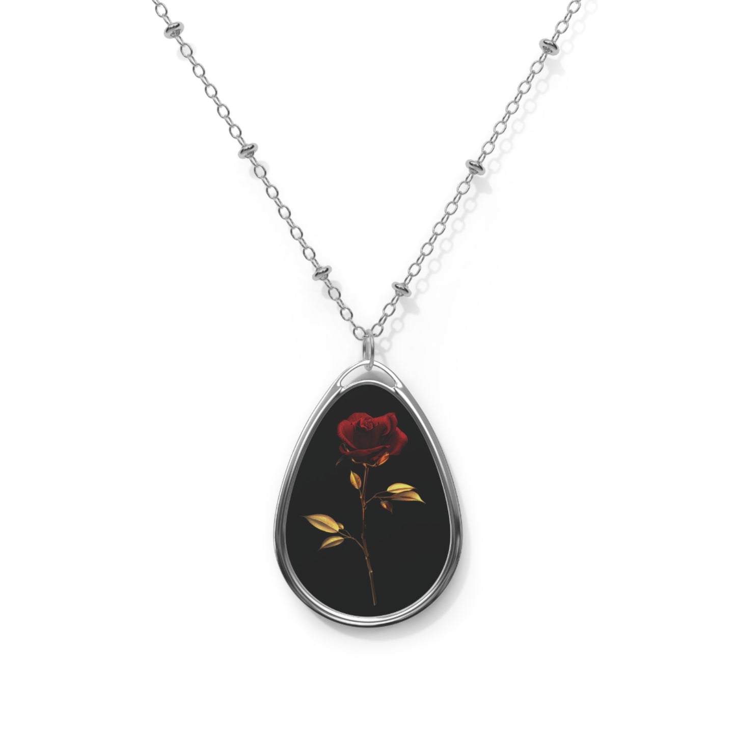 Ellipse Pendant with Chain Single Red Rose Design