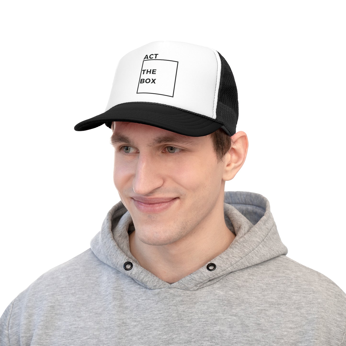 Act Outside the Box Trucker Cap - Gift for Activist - Social Justice Advocate - Unisex - Polyester - Adjustable - Black and White